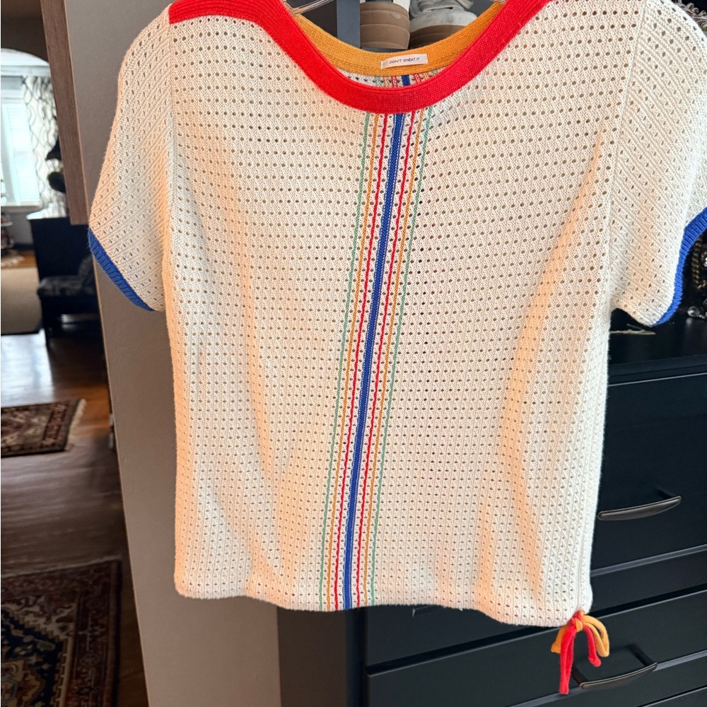 MOTHER Cream Knit Short-Sleeve Top with Red Neckline & Multicolor Stripe
